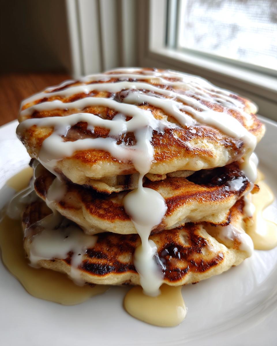 A tall stack of golden brown gluten free cinnamon roll pancakes drizzled heavily with white cream cheese icing.