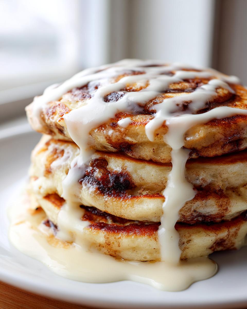 A tall stack of fluffy gluten free cinnamon roll pancakes drizzled heavily with white cream cheese icing.