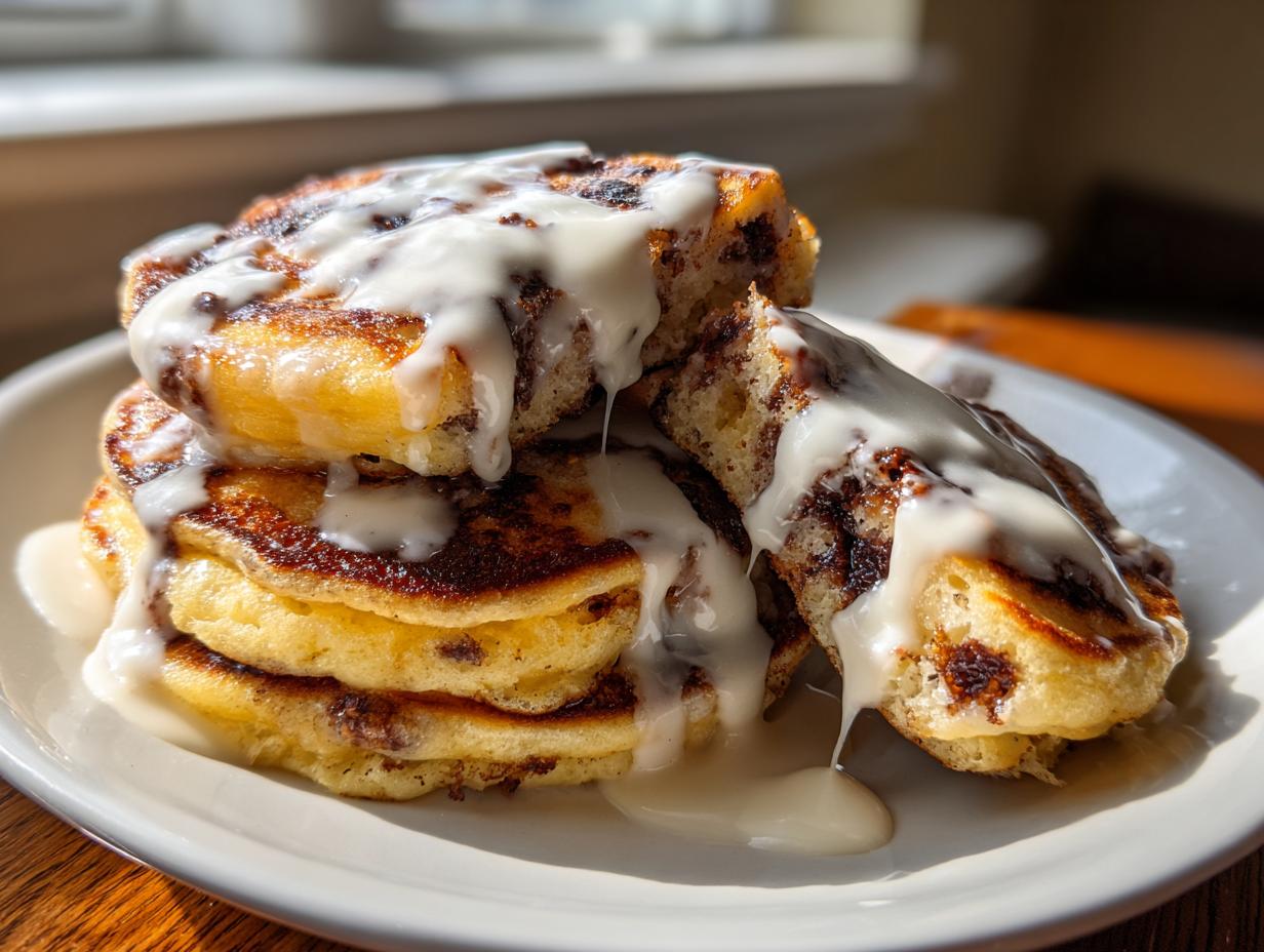 A stack of golden brown gluten free cinnamon roll pancakes generously drizzled with white cream cheese icing.