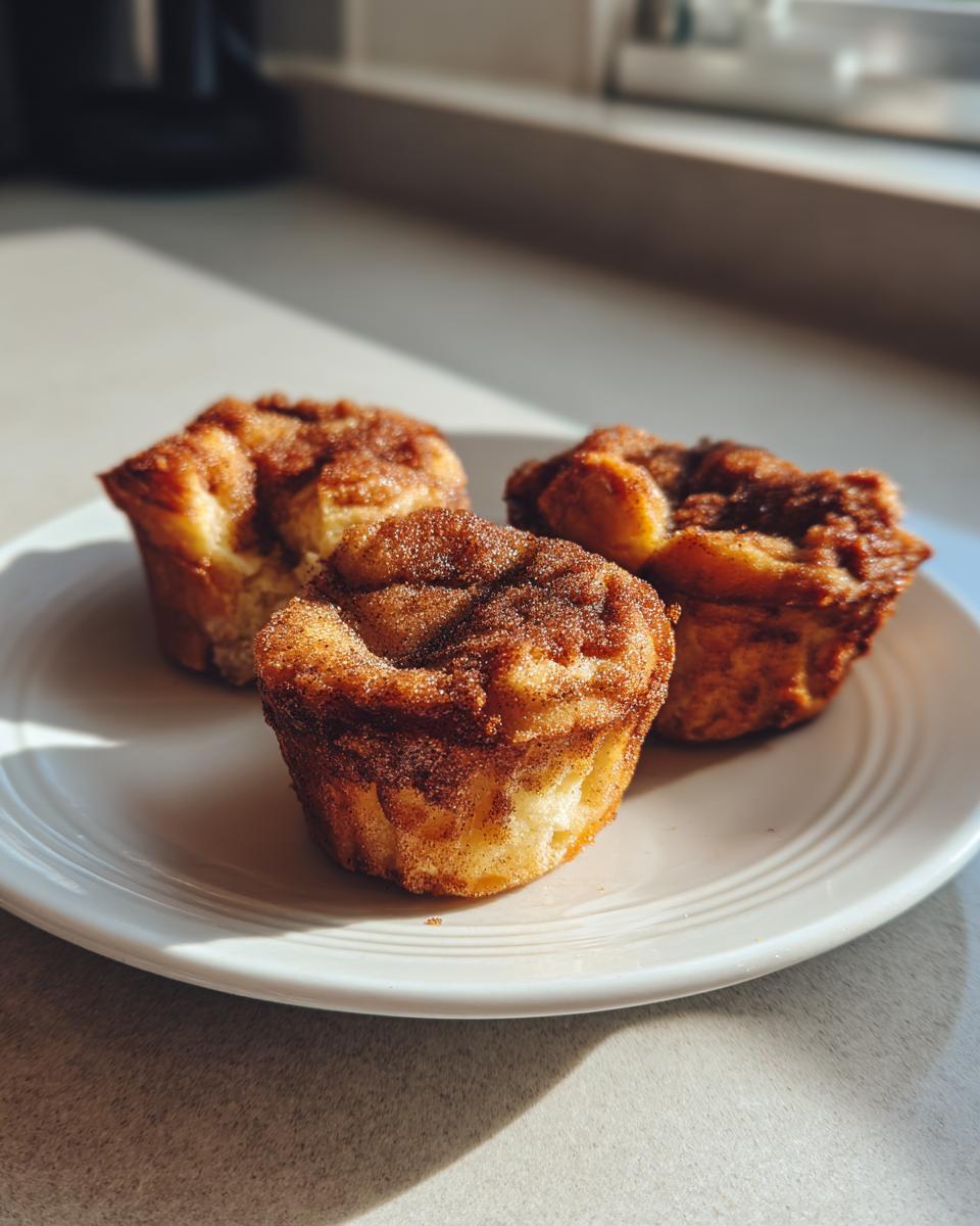 Three golden gluten free cinnamon sugar french toast muffins topped with cinnamon sugar on a white plate.