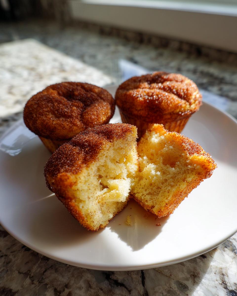 Three gluten free cinnamon sugar french toast muffins on a white plate, one is broken open showing the soft interior.