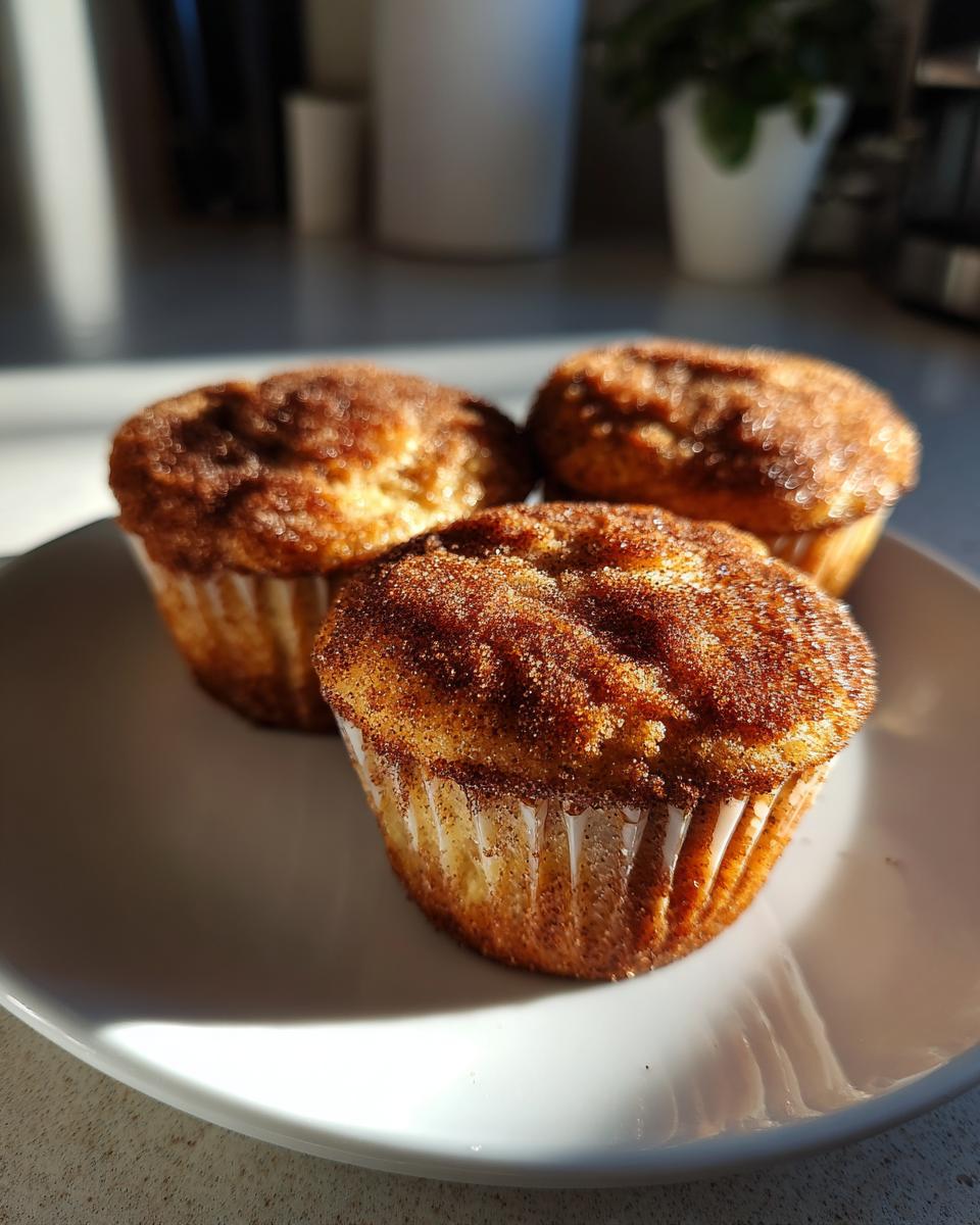 Three golden gluten free cinnamon sugar french toast muffins dusted heavily with cinnamon sugar on a white plate.