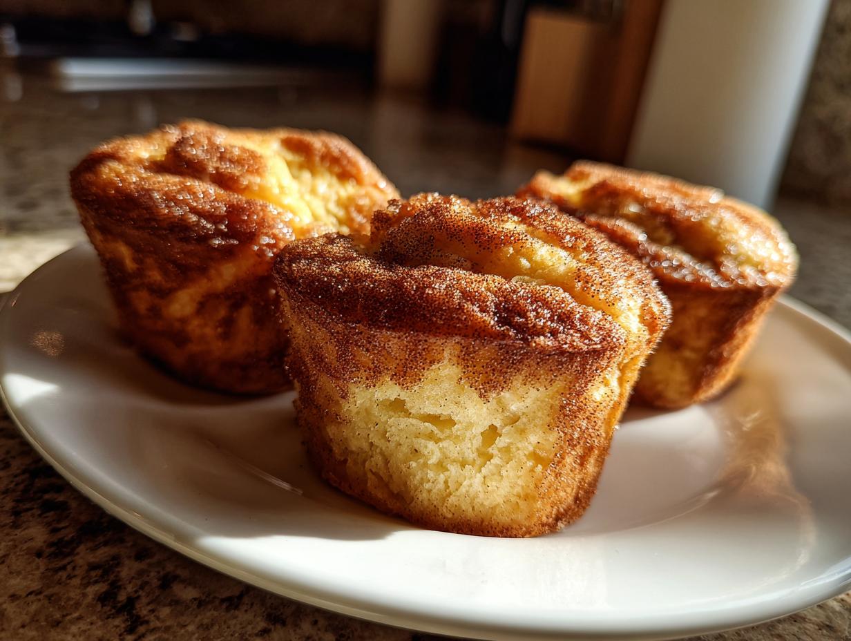 Three golden brown gluten free cinnamon sugar french toast muffins dusted with cinnamon sugar on a white plate.
