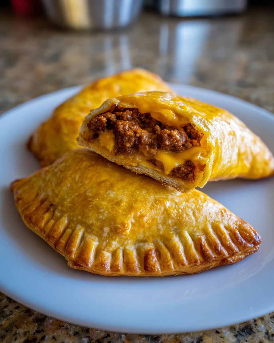 Three golden-brown bacon cheeseburger pockets on a white plate, one cut open revealing seasoned ground beef and melted cheese filling.