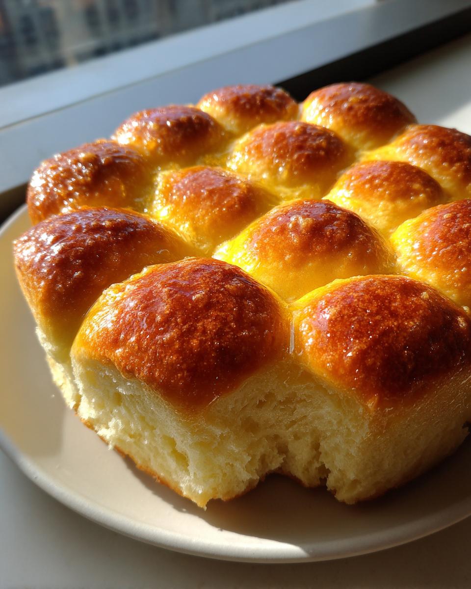 A cluster of fluffy, golden brown dinner rolls with a shiny glaze, one roll having a bite taken out.