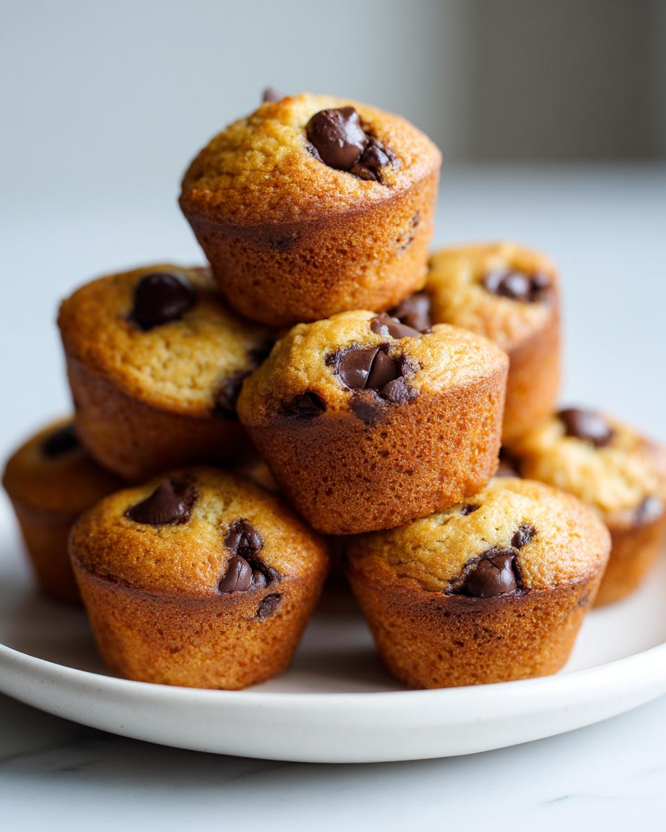 A tempting stack of golden brown mini chocolate chip muffins piled high on a white plate.
