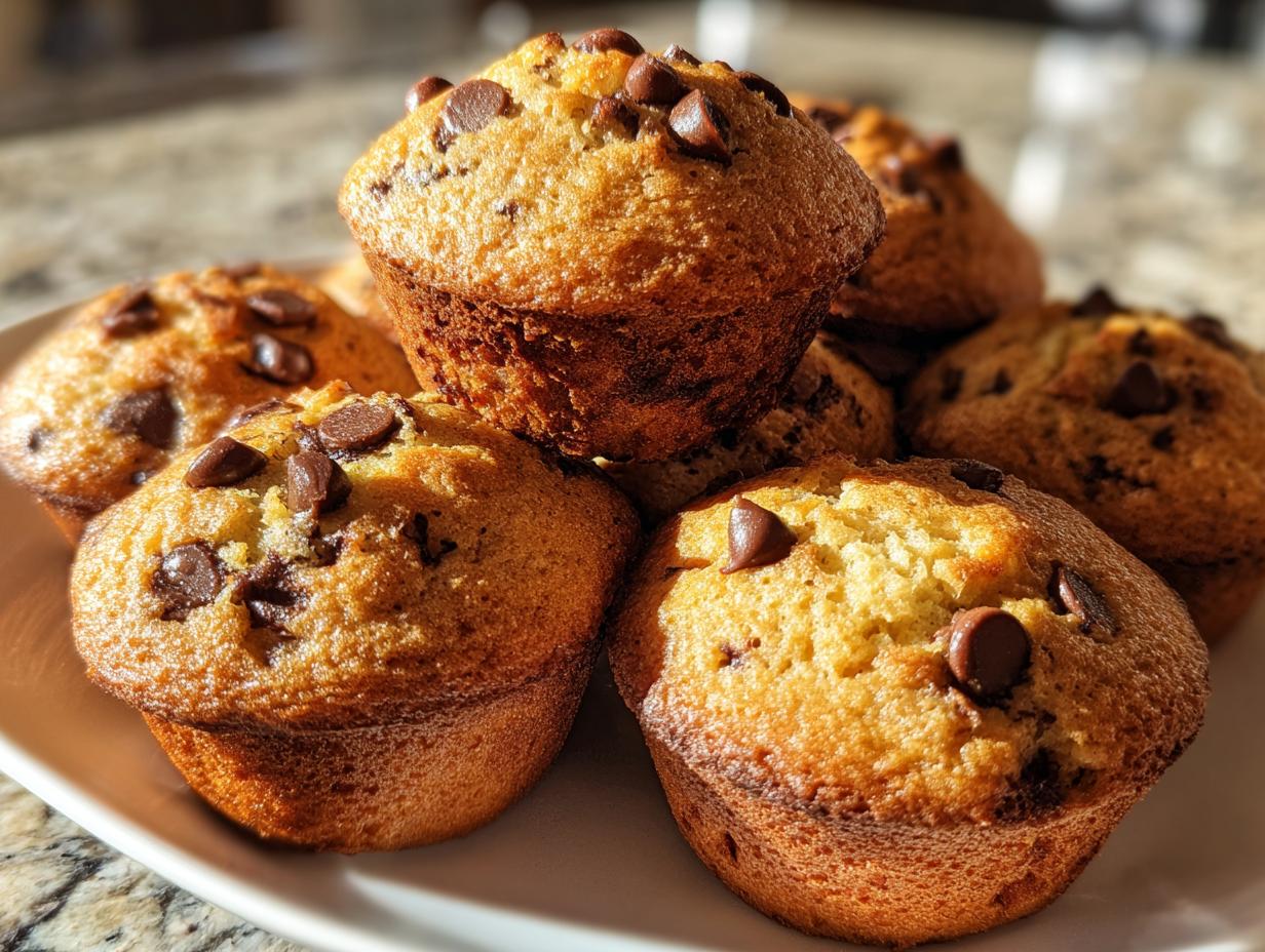 A close-up of several golden brown mini chocolate chip muffins piled on a white plate.