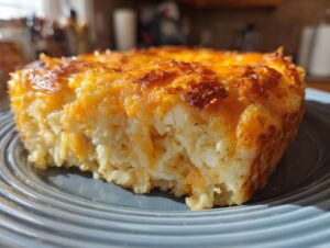 A close-up of a thick, cheesy slice of hashbrown casserole with a golden, baked top.