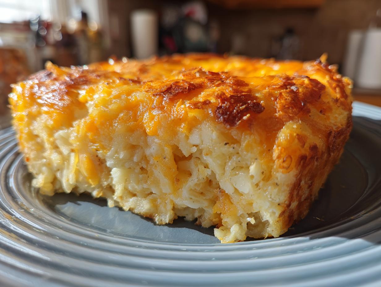 A close-up of a thick, cheesy slice of hashbrown casserole with a golden, baked top.