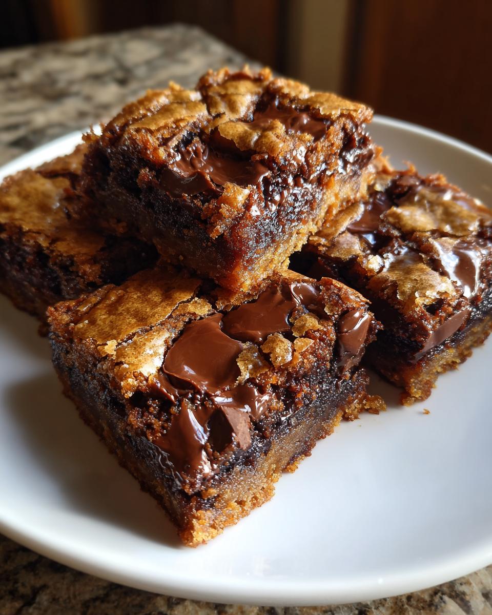 Close-up of gooey, rich chocolate chip cookie bars stacked on a white plate with melted chocolate chips.