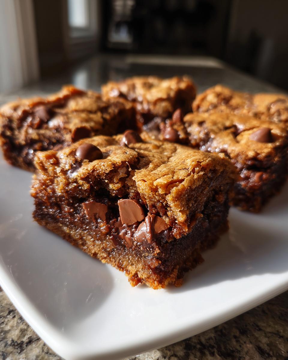 Close-up of gooey, rich chocolate chip cookie bars with melted chocolate chips served on a white square plate.