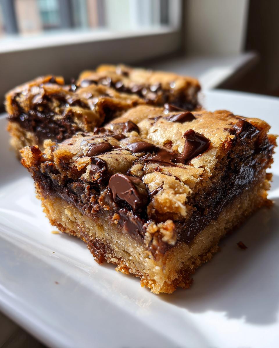 A close-up of thick, gooey chocolate chip cookie bars with melted chocolate on a white plate.