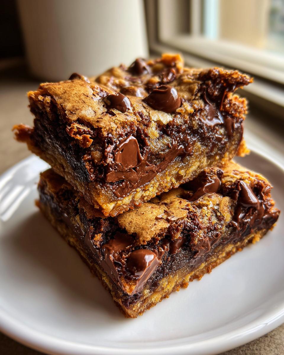 Two rich, gooey chocolate chip cookie bars stacked on a white plate, featuring melted chocolate chips.