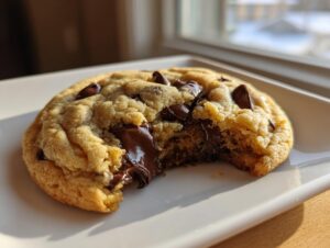Close-up of a gooey, freshly baked chocolate chip cookie with a bite missing, showing melted chocolate.