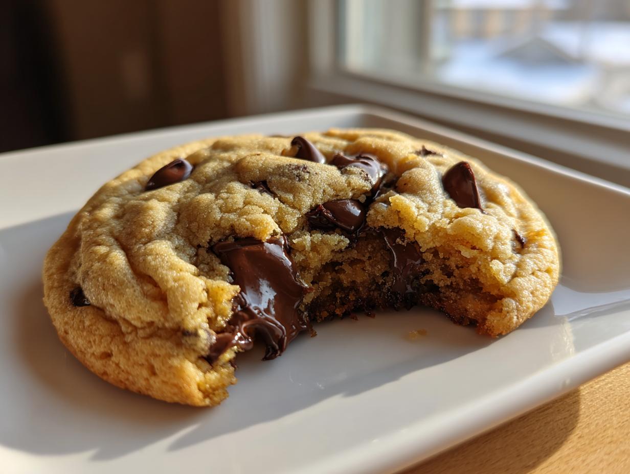 Close-up of a gooey, freshly baked chocolate chip cookie with a bite missing, showing melted chocolate.