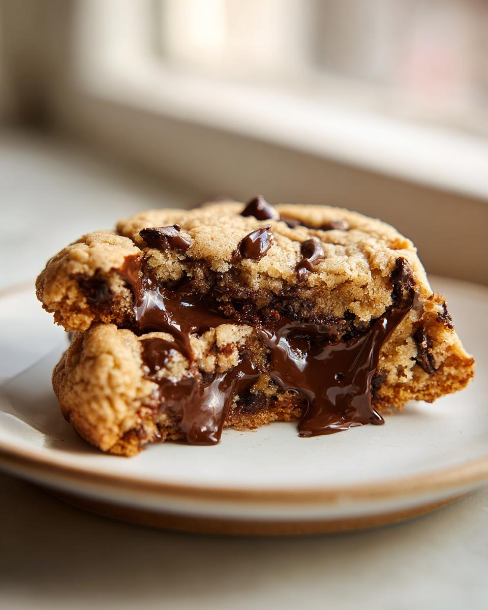 Close-up of a warm chocolate chip cookie broken in half, showing molten, gooey chocolate chips.