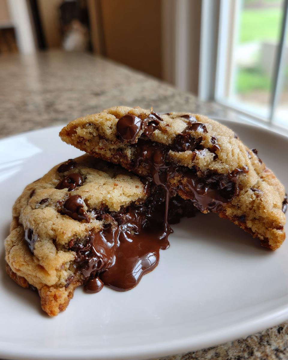 A freshly baked chocolate chip cookie broken in half showing gooey, melted chocolate filling.