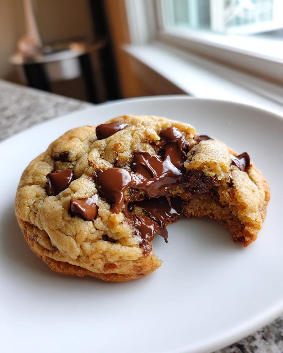 Close-up of a soft, golden chocolate chip cookie with a bite taken out, showing melted chocolate oozing from the center.