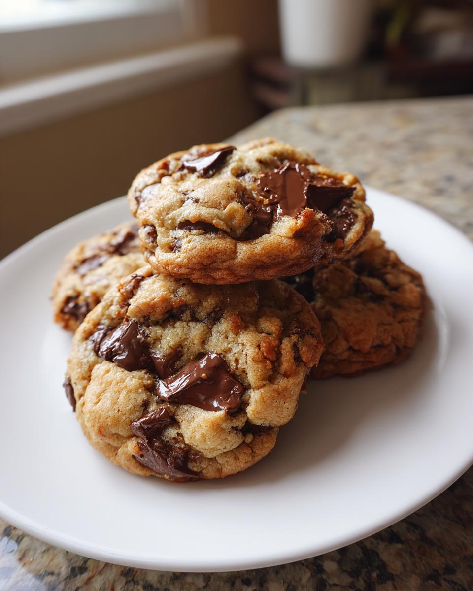 A stack of four thick, gooey chocolate chip cookies recipe treats with melted chocolate chunks on a white plate.