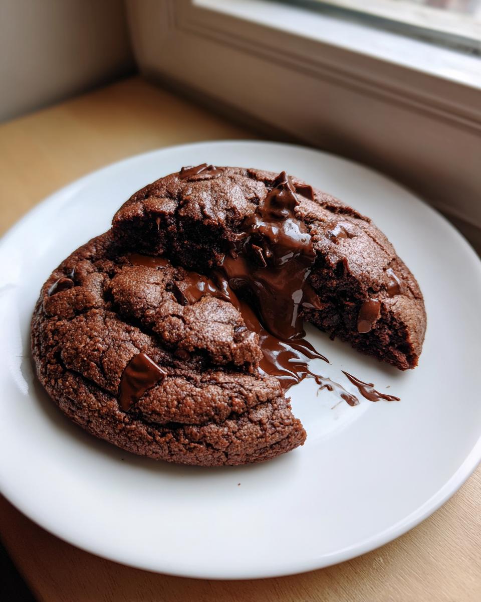 A rich, dark chocolate chip cookie broken open on a white plate, showing melted chocolate oozing out.