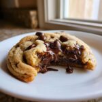 A warm, soft chocolate chip cookie broken in half showing melted chocolate oozing out onto a white plate.