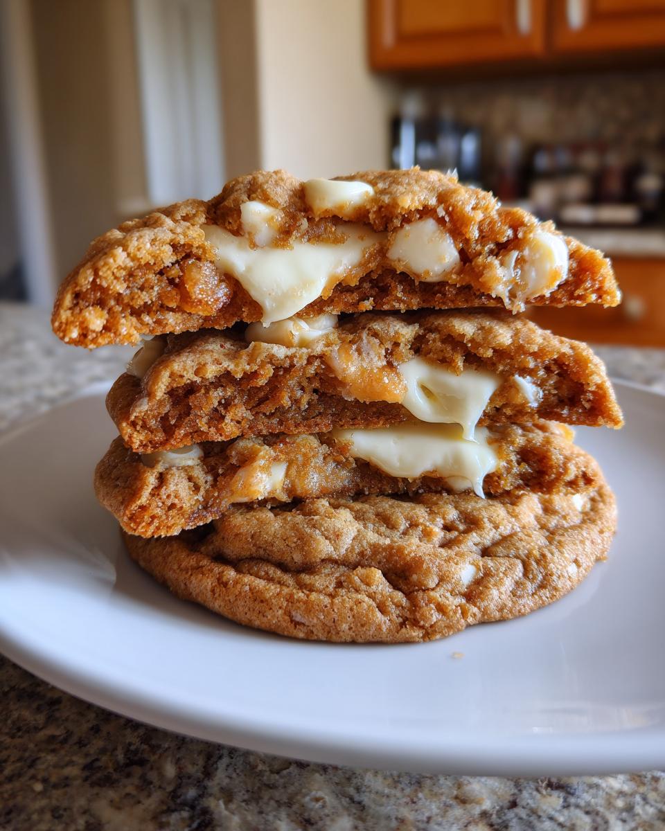 Three stacked white chocolate macadamia nut cookies, cut in half to show gooey, melted white chocolate center.