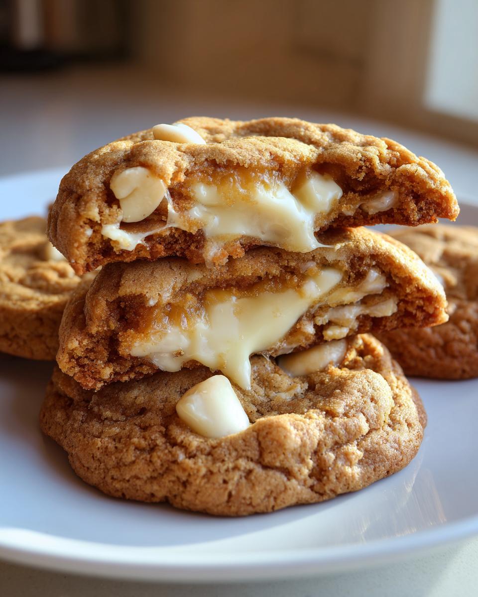 Close-up of white chocolate macadamia nut cookies broken in half showing gooey melted white chocolate filling.
