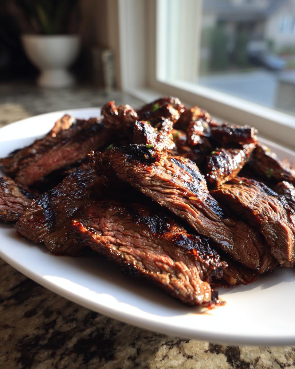 Close-up of perfectly grilled and sliced skirt steak pieces piled on a white platter indoors.