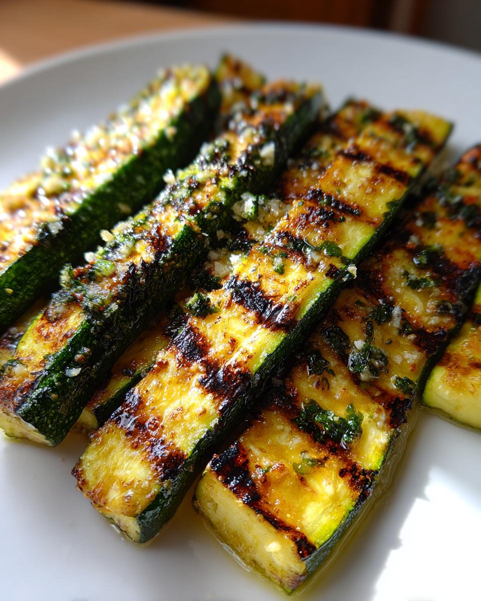 Close-up of delicious grilled zucchini slices seasoned with herbs and garlic, showing distinct char marks.