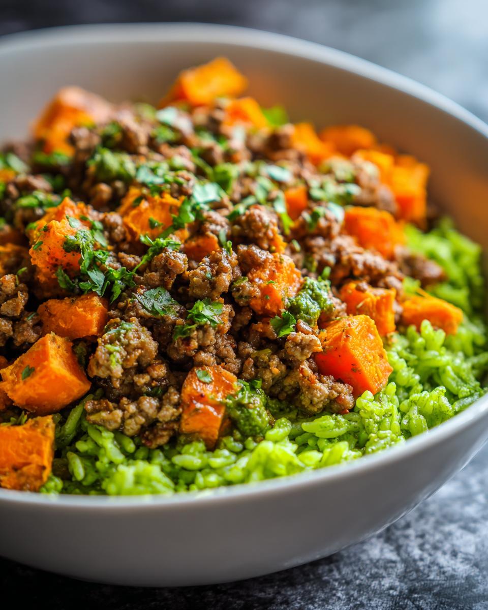 Close-up of a ground turkey sweet potato taco bowl featuring seasoned ground turkey, orange sweet potato chunks, and vibrant green rice.