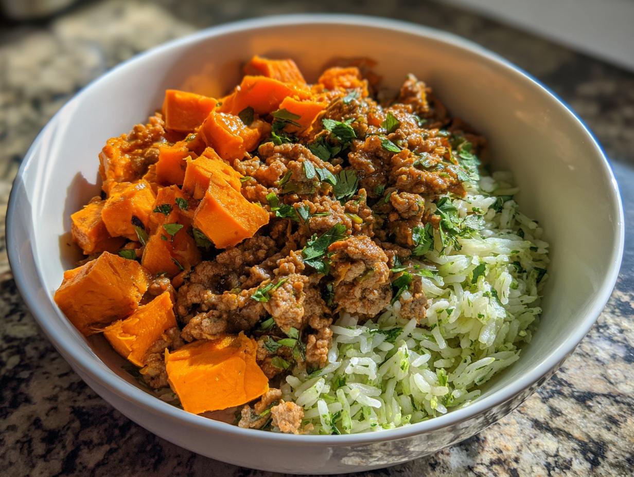 A close-up of a ground turkey sweet potato taco bowl featuring seasoned ground turkey, bright orange sweet potato chunks, and cilantro-lime rice.