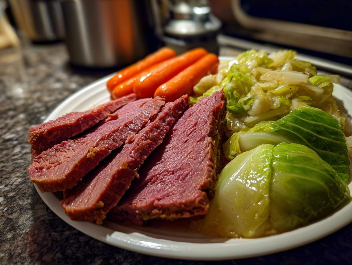 A plate featuring slices of pink Guinness corned beef and cabbage with whole carrots.