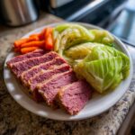 Slices of pink corned beef served alongside boiled cabbage wedges and carrots, a classic guinness corned beef and cabbage dish.