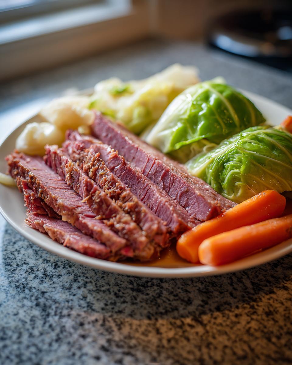 A plate featuring slices of tender Guinness corned beef and cabbage, carrots, and potatoes.