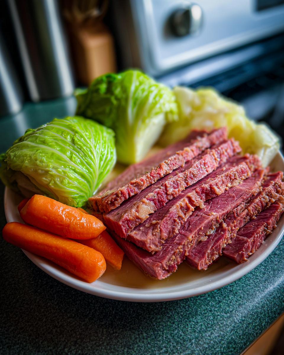 Slices of pink corned beef served with bright green cabbage wedges and cooked carrots.