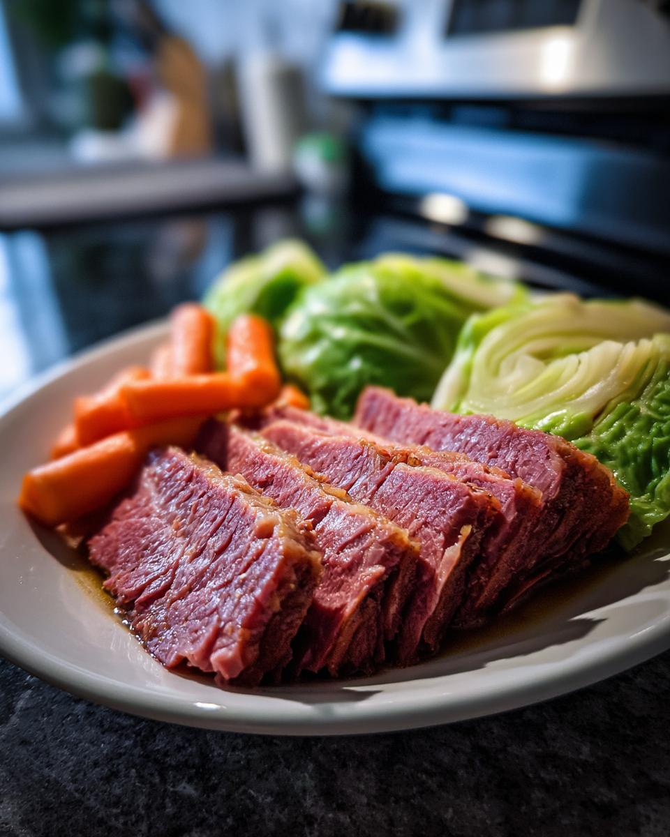 Slices of tender Guinness corned beef and cabbage served with carrots on a white plate.