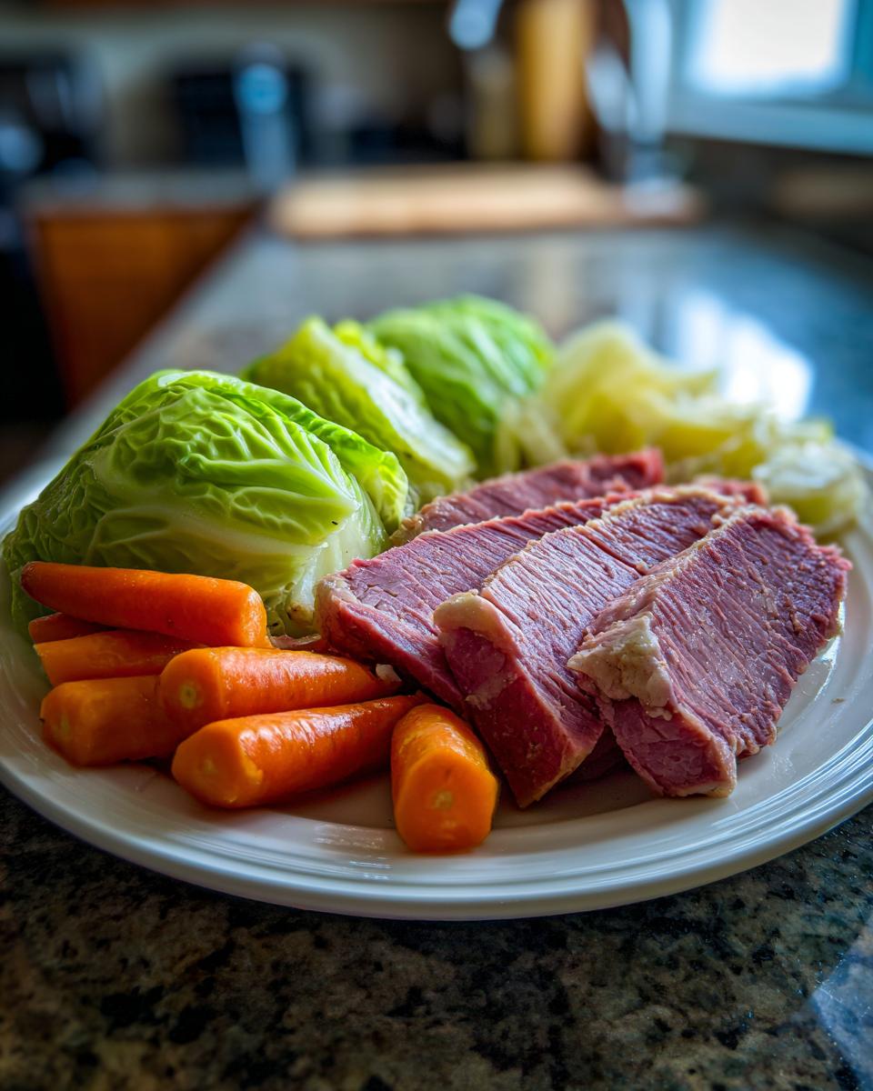 Slices of pink corned beef served with bright green cabbage wedges and cooked carrots for guinness corned beef and cabbage.