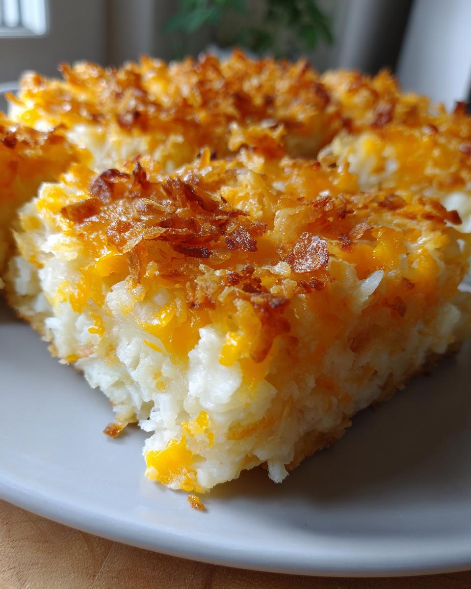 A close-up shot of a creamy slice of hashbrown casserole topped with melted cheddar and crispy fried onions.