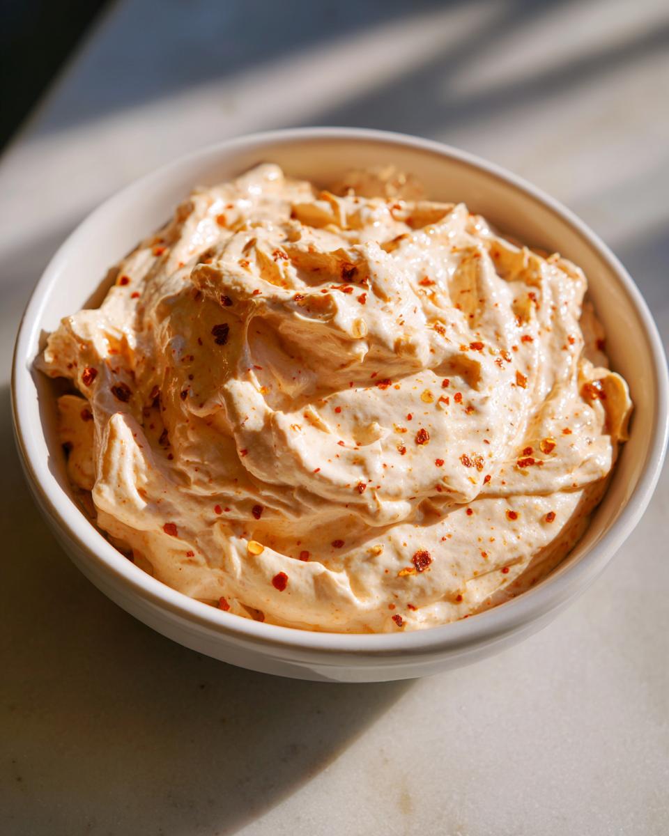 Creamy, orange-hued healthy big mac sauce topped with visible red chili flakes in a white bowl.