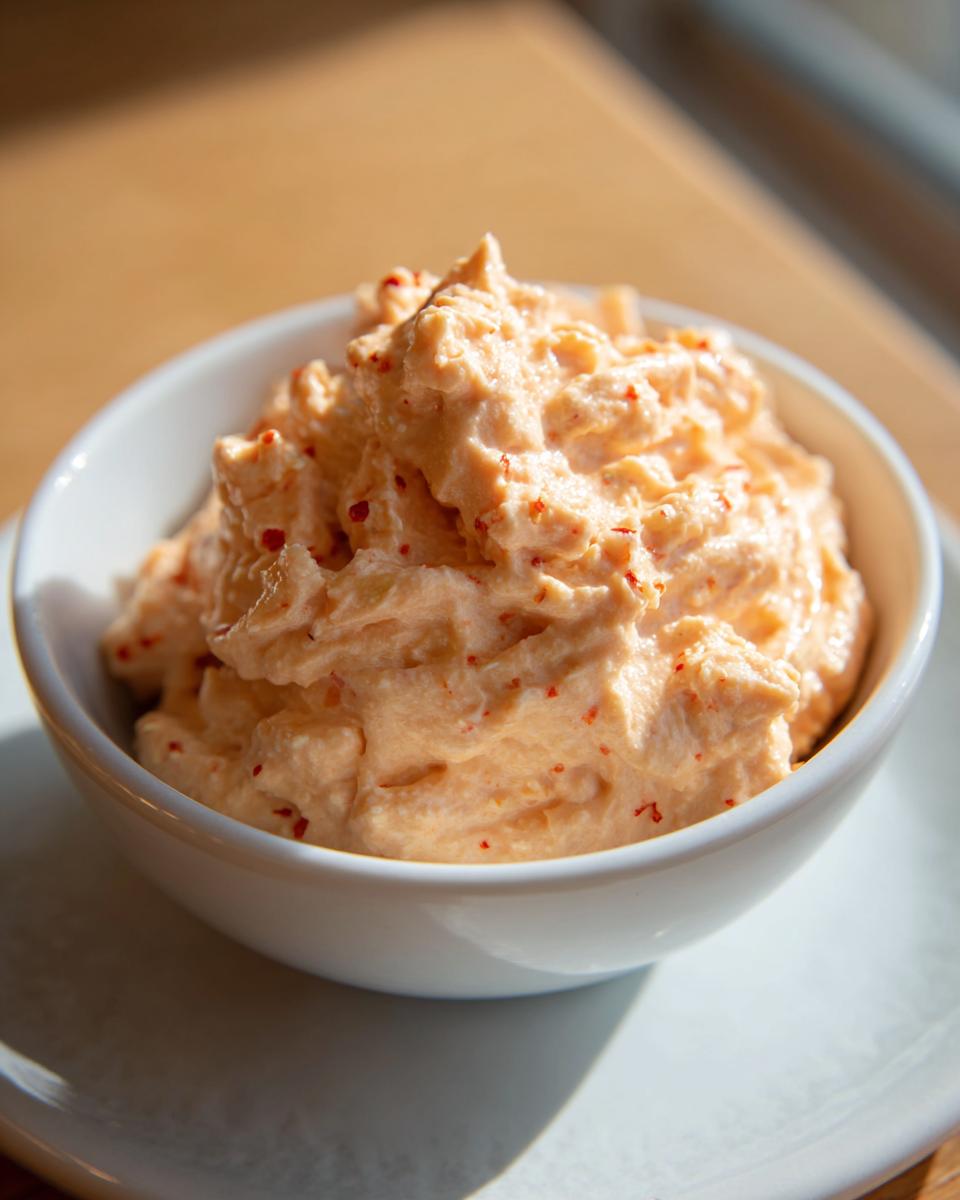 A small white bowl filled with thick, creamy healthy big mac sauce speckled with red seasoning.