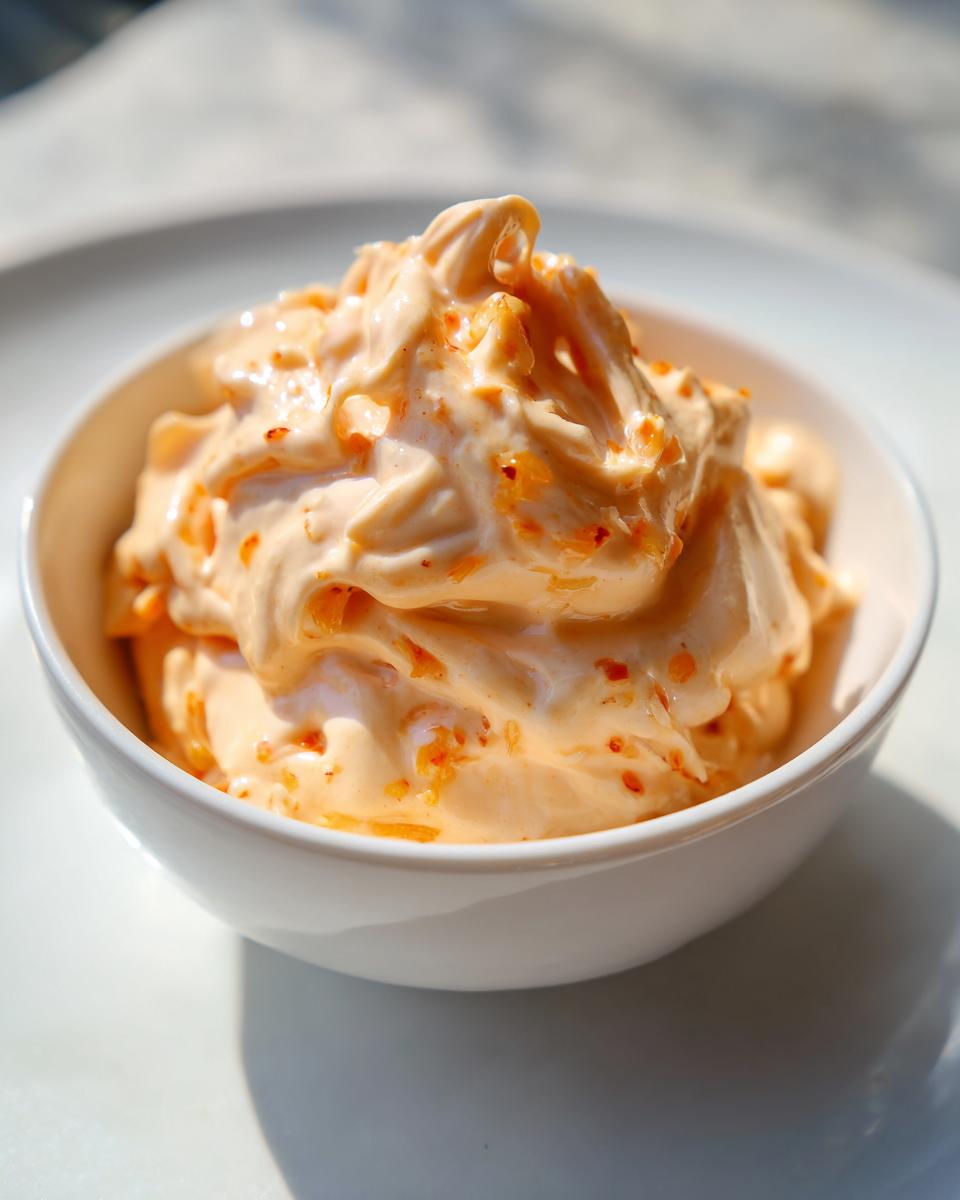 A close-up of creamy, orange-tinted healthy big mac sauce swirled high in a small white bowl.