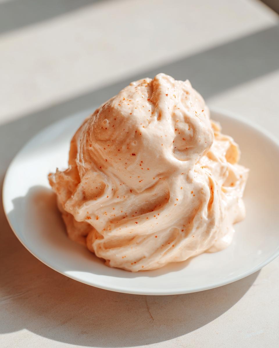 A dollop of creamy, pale orange healthy big mac sauce with visible spice flecks, resting on a small white plate.