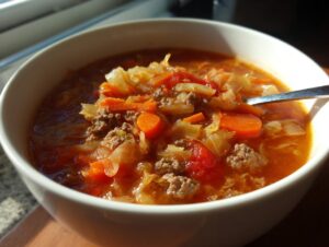 Close-up of a white bowl filled with hearty cabbage soup, featuring ground beef, carrots, and tomatoes in a rich broth.