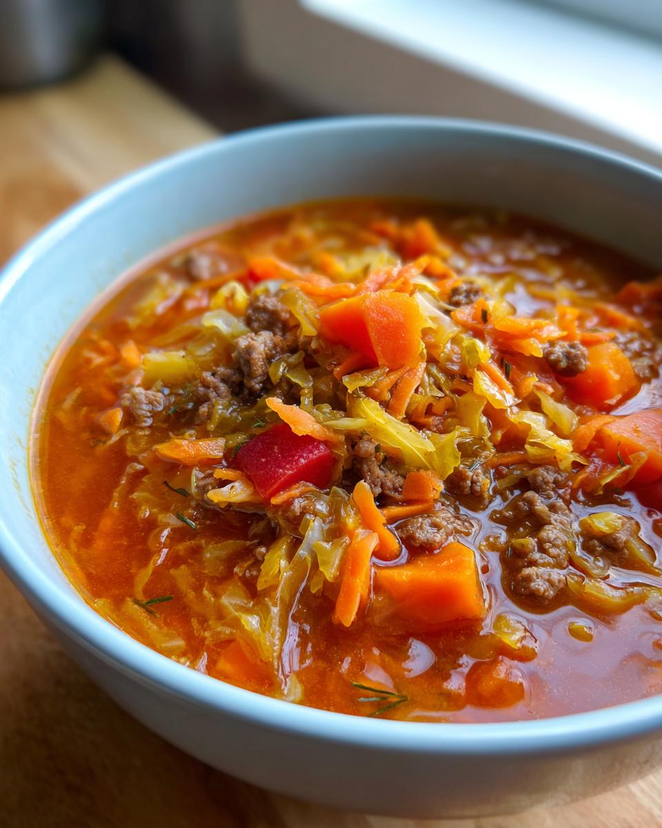 A close-up view of a bowl filled with hearty cabbage soup, featuring ground beef, shredded carrots, and chunks of orange vegetables.