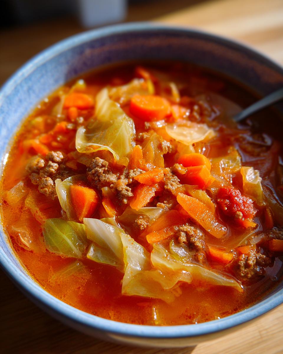 Close-up of a bowl of hearty cabbage soup featuring large pieces of cabbage, carrots, and ground meat in a rich broth.