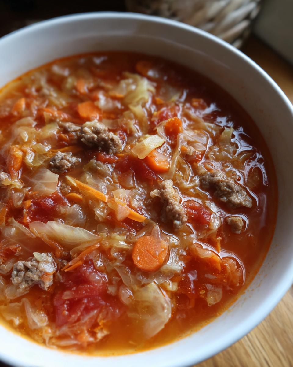 A close-up view of a white bowl filled with steaming, hearty cabbage soup featuring ground meat, shredded cabbage, and sliced carrots in a rich tomato broth.