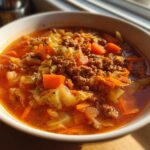 A close-up, appetizing shot of hearty cabbage soup filled with ground meat, bright orange carrots, and cooked cabbage.
