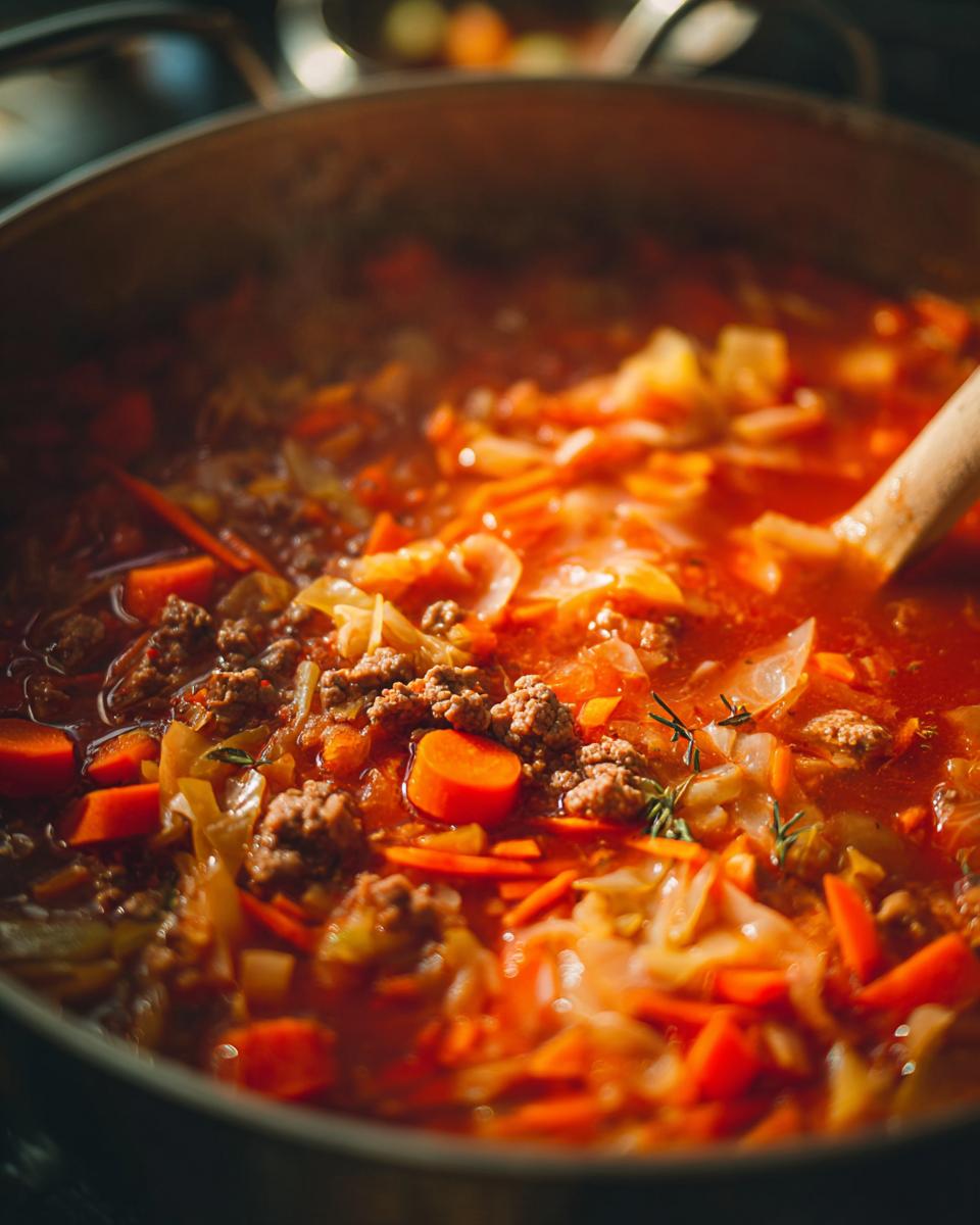 Close-up of hearty cabbage soup simmering, showing ground meat, carrots, and cabbage in a rich broth.