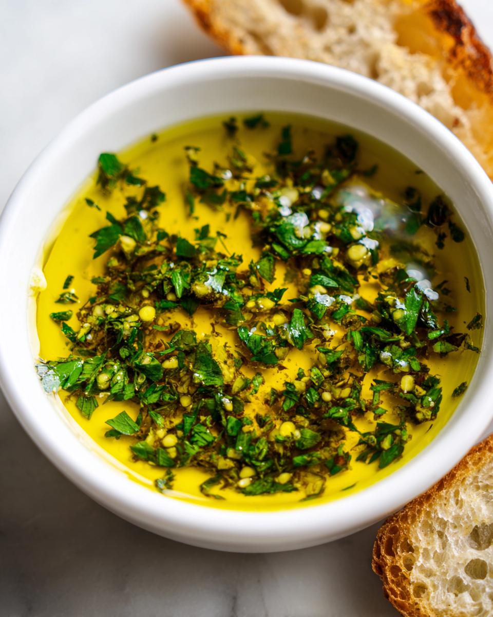 Close-up of a white bowl filled with vibrant olive oil bread dipping sauce, topped with chopped herbs and garlic.