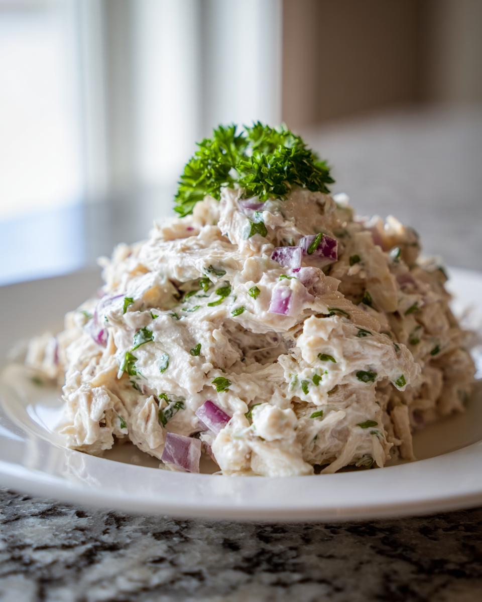 A mound of creamy high protein chicken salad mixed with red onion and herbs, topped with fresh parsley.